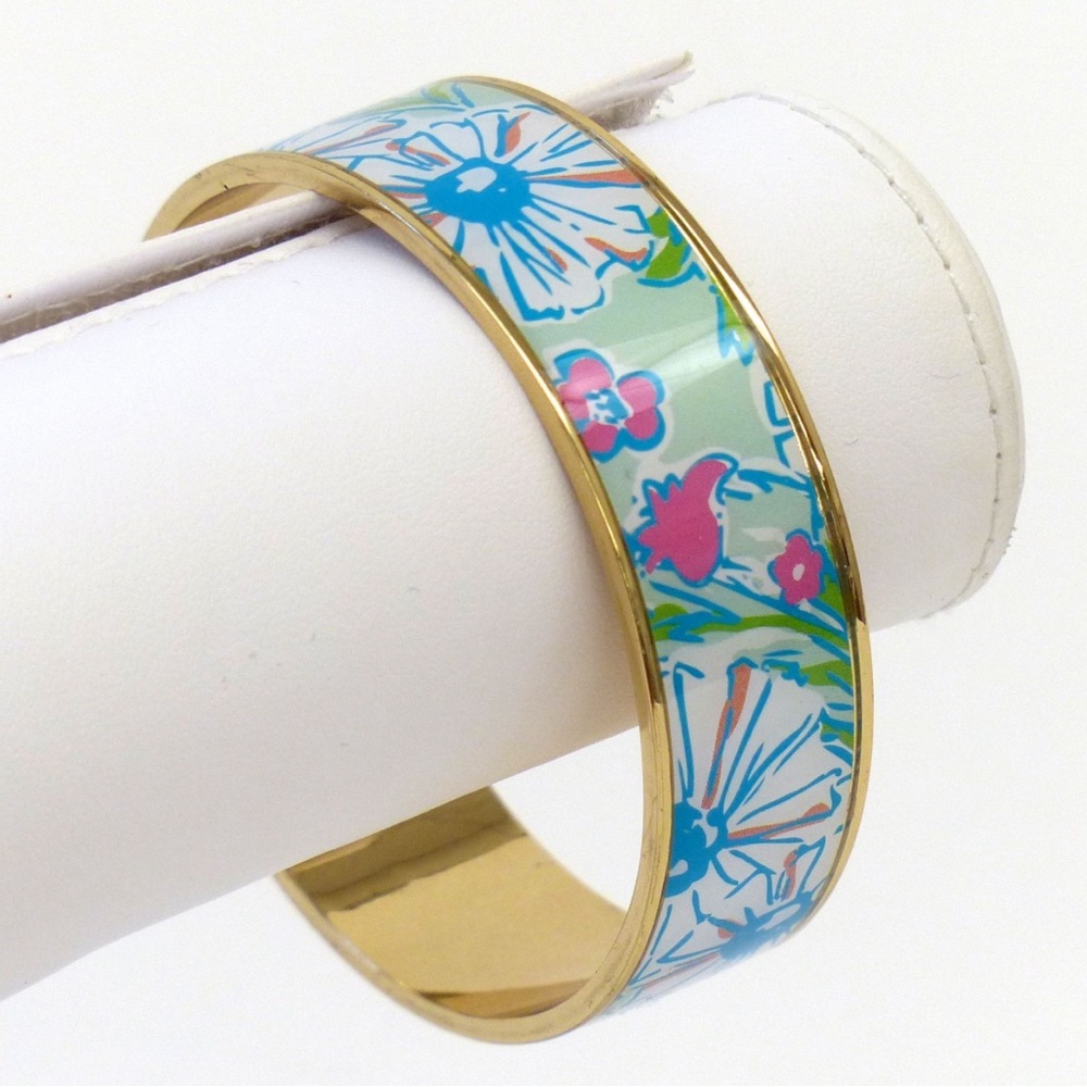 Lilly Pulitzer Photo Dome Bangle Gold With Tropical Print Splish Splash Blue - Picture 1 of 4